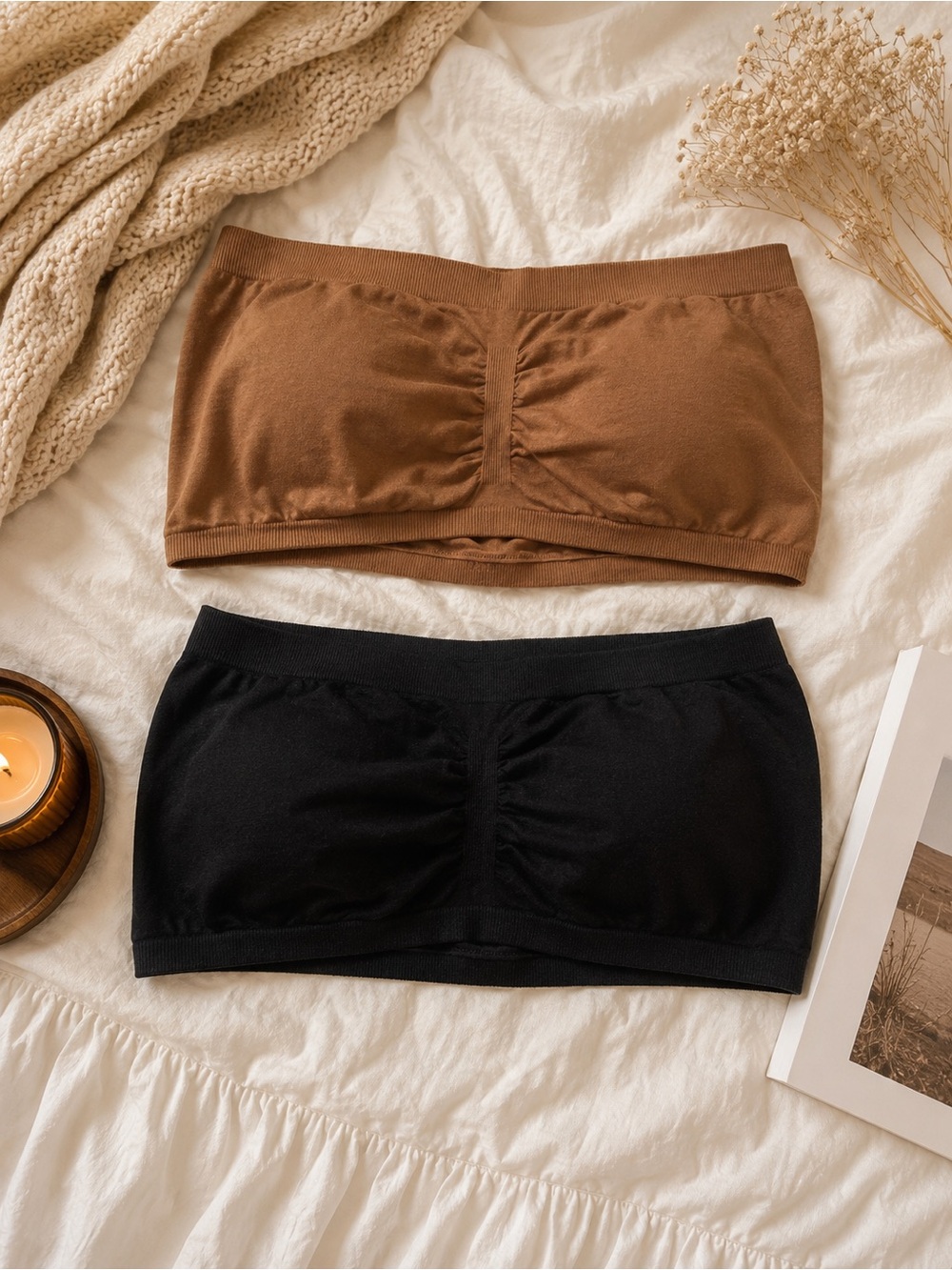 Bandeau Bra Duo Tan & Black 1XL Strapless Stretch Bras Set Plus Size Curvy